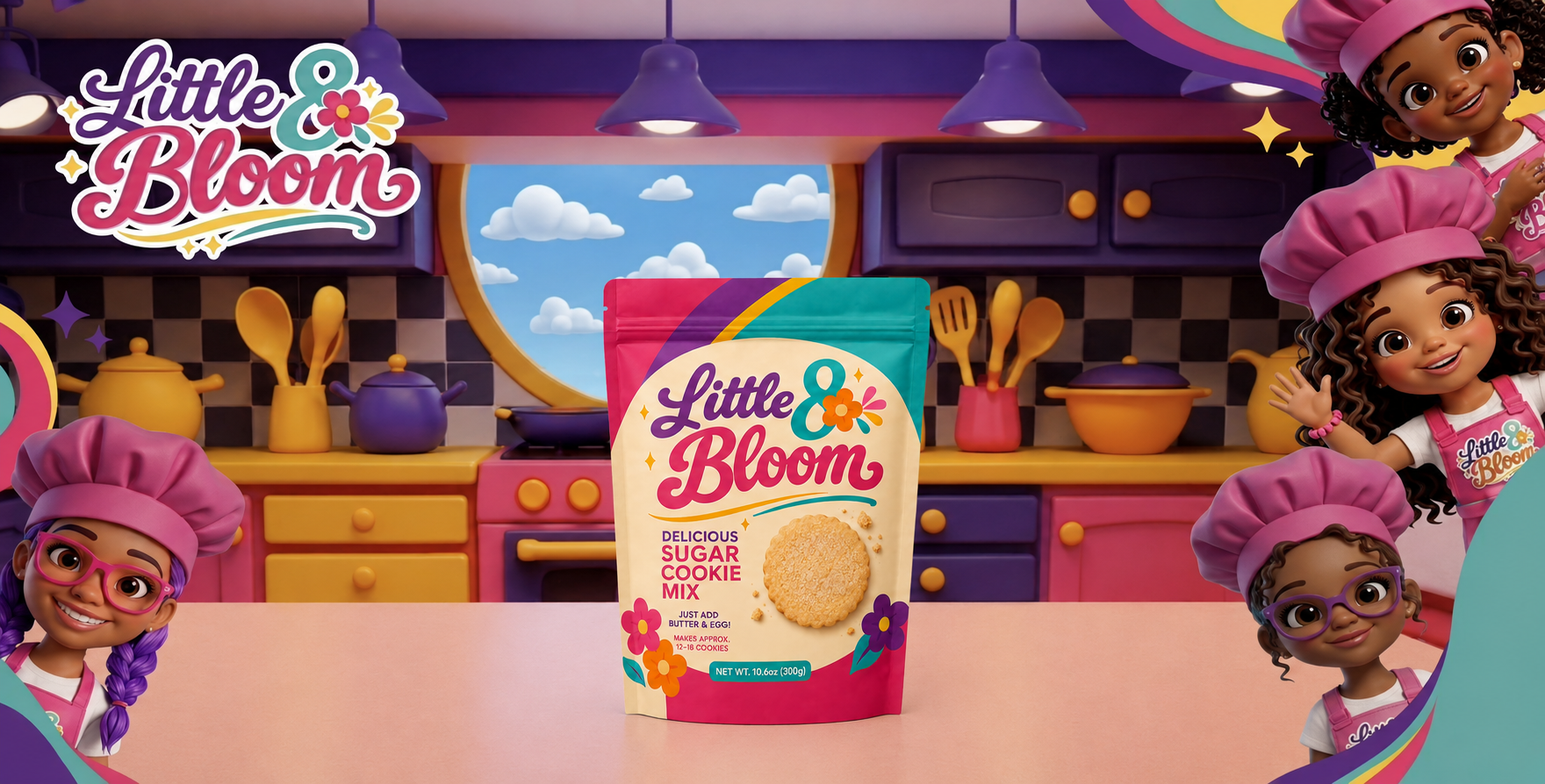 Little 8 Bloom animated kitchen with a sugar cookie baking mix pouch and the Bloom Bakers