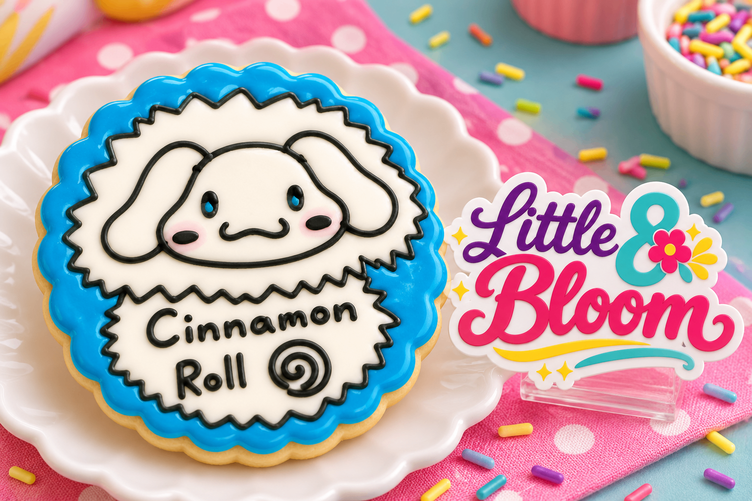 Little & Bloom decorated cookie beside the Little & Bloom logo