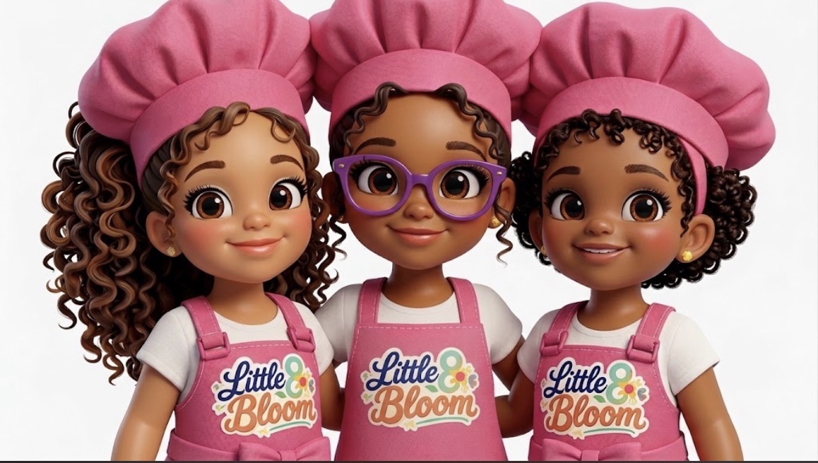 The three Bloom Bakers — Autumn Marie, Avery Melody and Angela Michelle in their pink chef hats and aprons